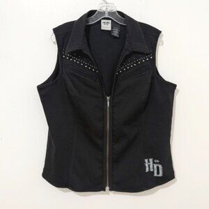 Harley Davidson Black Zip Vest Silver Studded HD & Eagle Graphics Women's 2XL